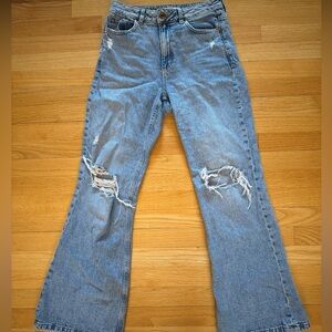 Garage Blue Flare Wide Leg Jeans with Distressed Knees